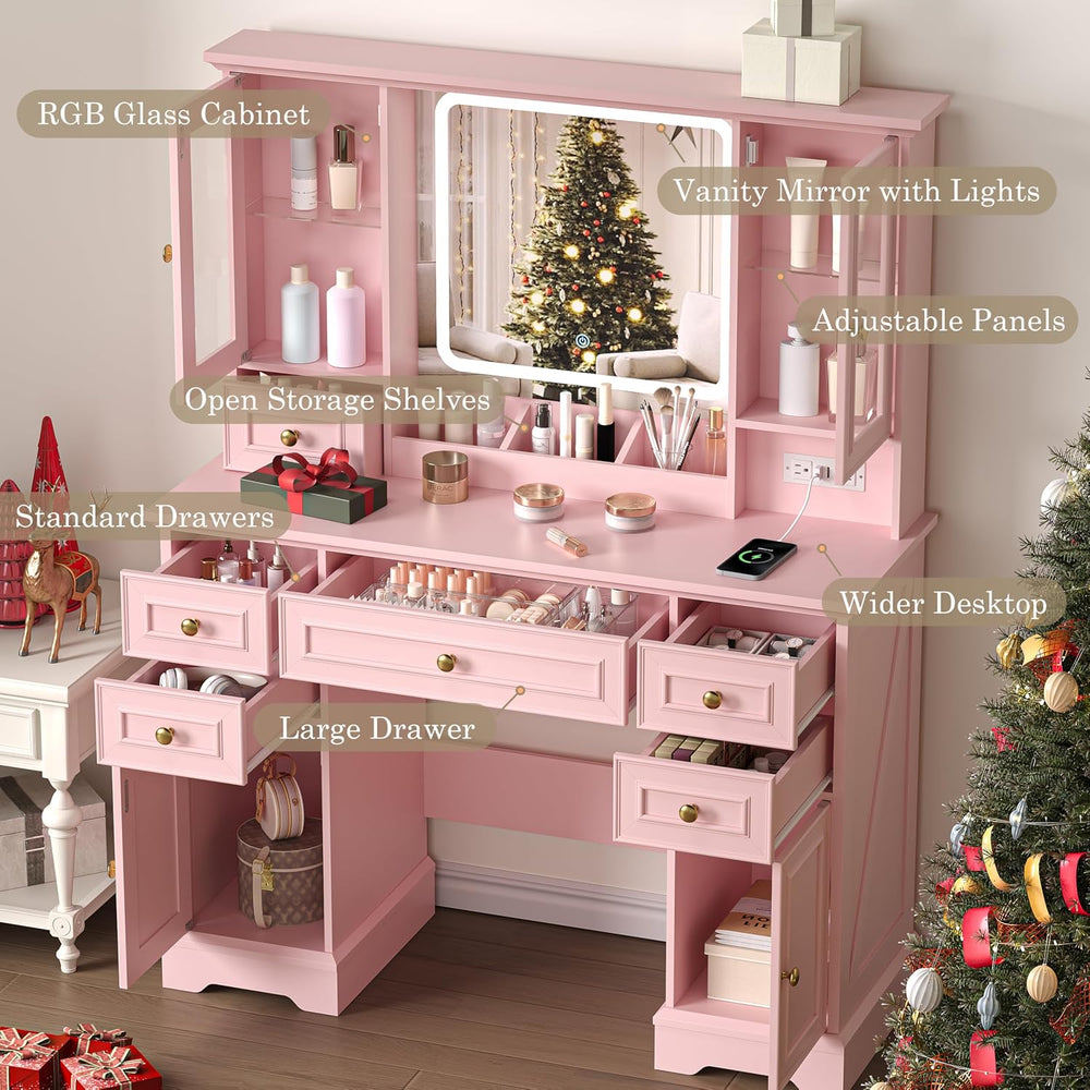 HUANLEGO Farmhouse Makeup Vanity Desk with Mirror and LED Lights, Pink | Vani...