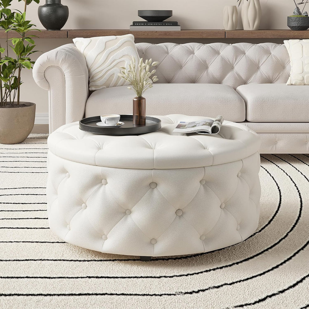 FiveWillowise 30 Inch Round Ottoman with Storage Tray,Large Coffee Table | Ci...