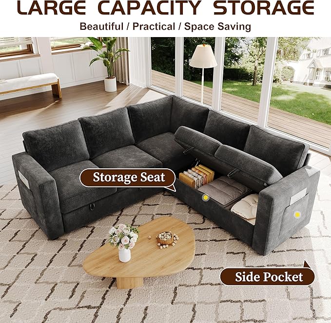 83.5" Sectional Sleeper Sofa with Pull Out Couch, Modern 5 Seat L Shaped Modular Couch, Sectionals Modular Sofa with Storage, Comfy Sectional Couches for Living Room & Apartment, Dark Gray