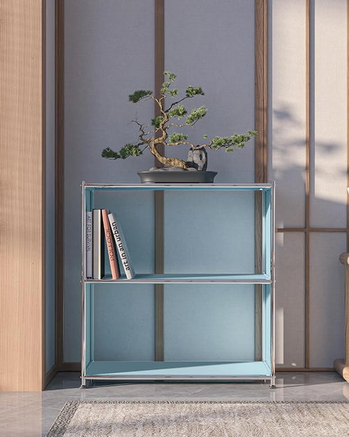 32-Inch 2-Tier Metal Bookcase, Open Shelf Storage Organizer for Living Room, Bedroom, Side Table or Nightstand Use, Modern DIY Assembly, Blue