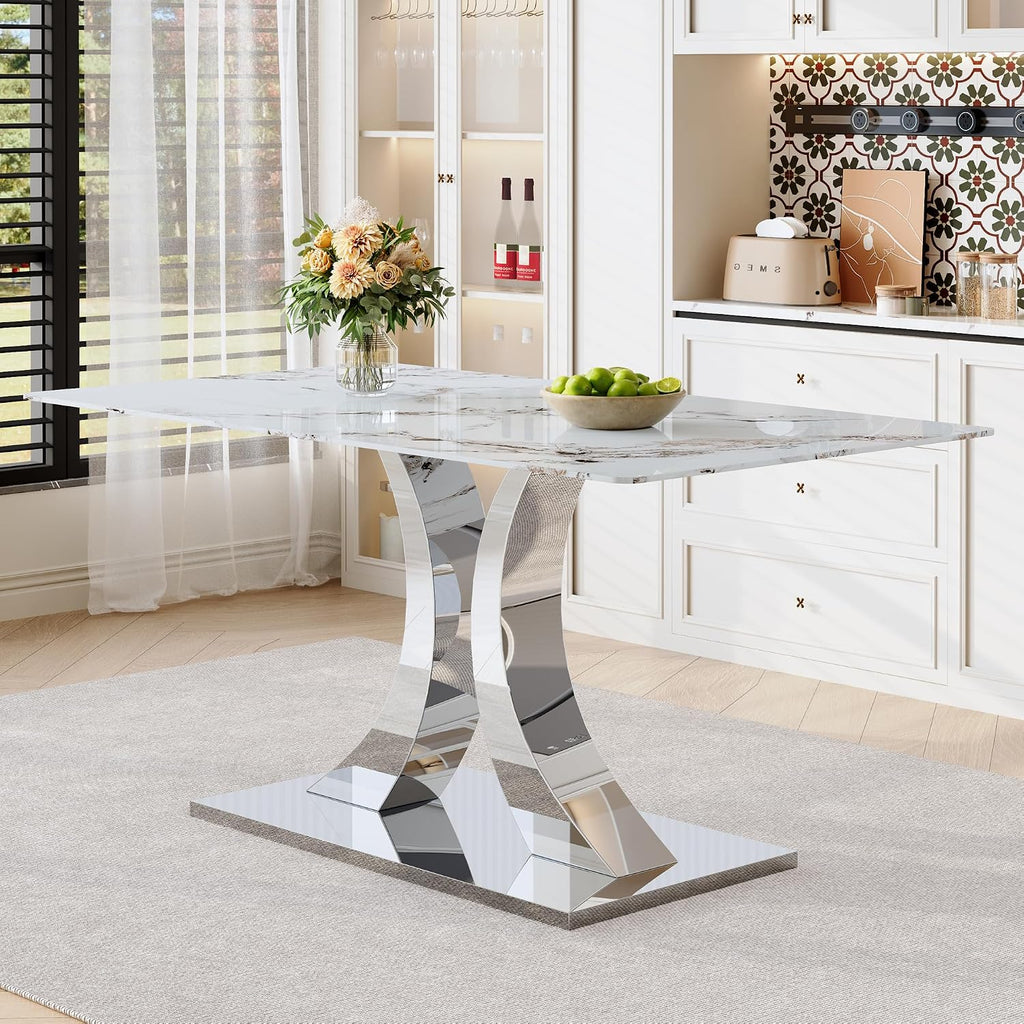 Knocbel 63" Glass Dining Table for 6-8, Kitchen Table with Faux Marble Tabletop and Stainless Steel C-Shaped Pedestal Base, Modern Rectangular Dinner for Apartment Home, Silver & Printed Glass