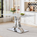 Knocbel 63" Glass Dining Table for 6-8, Kitchen Table with Faux Marble Tabletop and Stainless Steel C-Shaped Pedestal Base, Modern Rectangular Dinner for Apartment Home, Silver & Printed Glass
