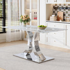 Knocbel 63" Glass Dining Table for 6-8, Kitchen Table with Faux Marble Tabletop and Stainless Steel C-Shaped Pedestal Base, Modern Rectangular Dinner for Apartment Home, Silver & Printed Glass