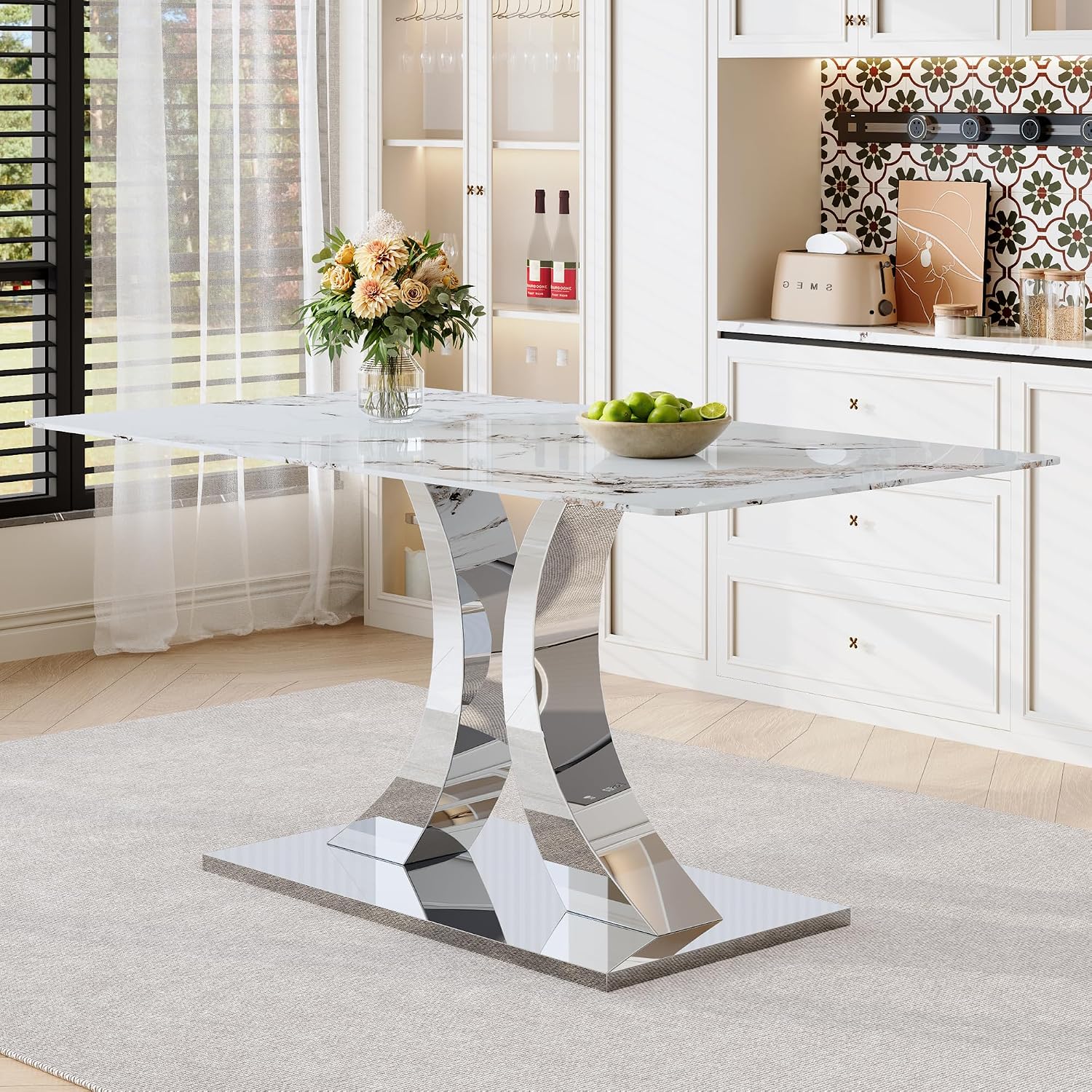 Knocbel 63" Glass Dining Table for 6-8, Kitchen Table with Faux Marble Tabletop and Stainless Steel C-Shaped Pedestal Base, Modern Rectangular Dinner for Apartment Home, Silver & Printed Glass