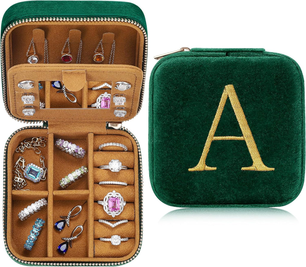 Parima Stocking Stuffers for Women - Christmas Gifts for Her, Gifts for Women, Plush Velvet Travel Jewelry Case, Small Jewelry Box, Birthday Gift for Woman Her, Personalized Gift - Letter A, Green