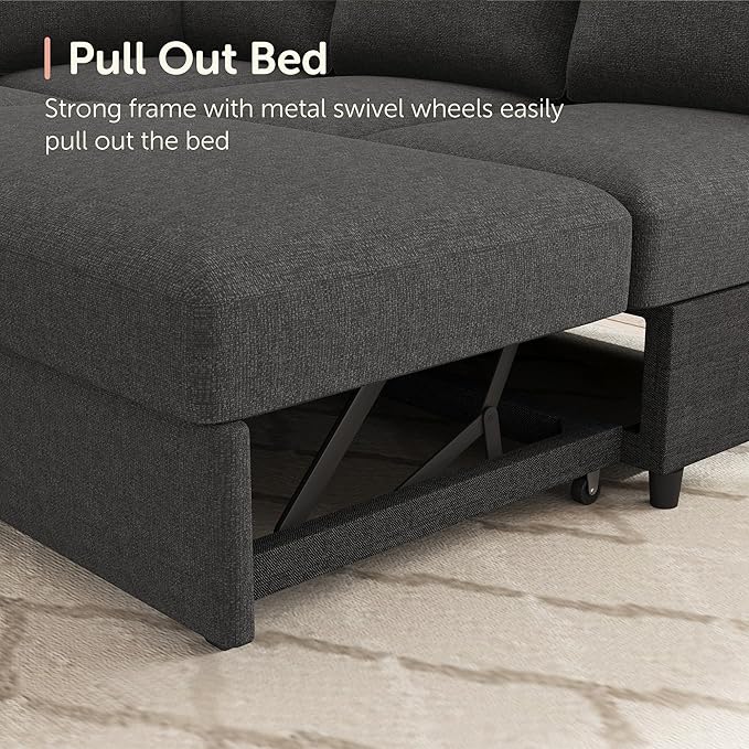 HONBAY Sectional Sleeper Sofa with Pull-Out Bed Storage Chaise, 6 Seater Couch for Living Room, Middle Grey