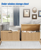Akxomel 37.4" Fluted Storage Chest Wooden Storage Trunk 2 Safety Hinges Oak | Storage Chest with 2 Safety Hinges & Lift Top, Wooden Box Bench with Curved Profile, for Living Room, Entryway, Bedroom