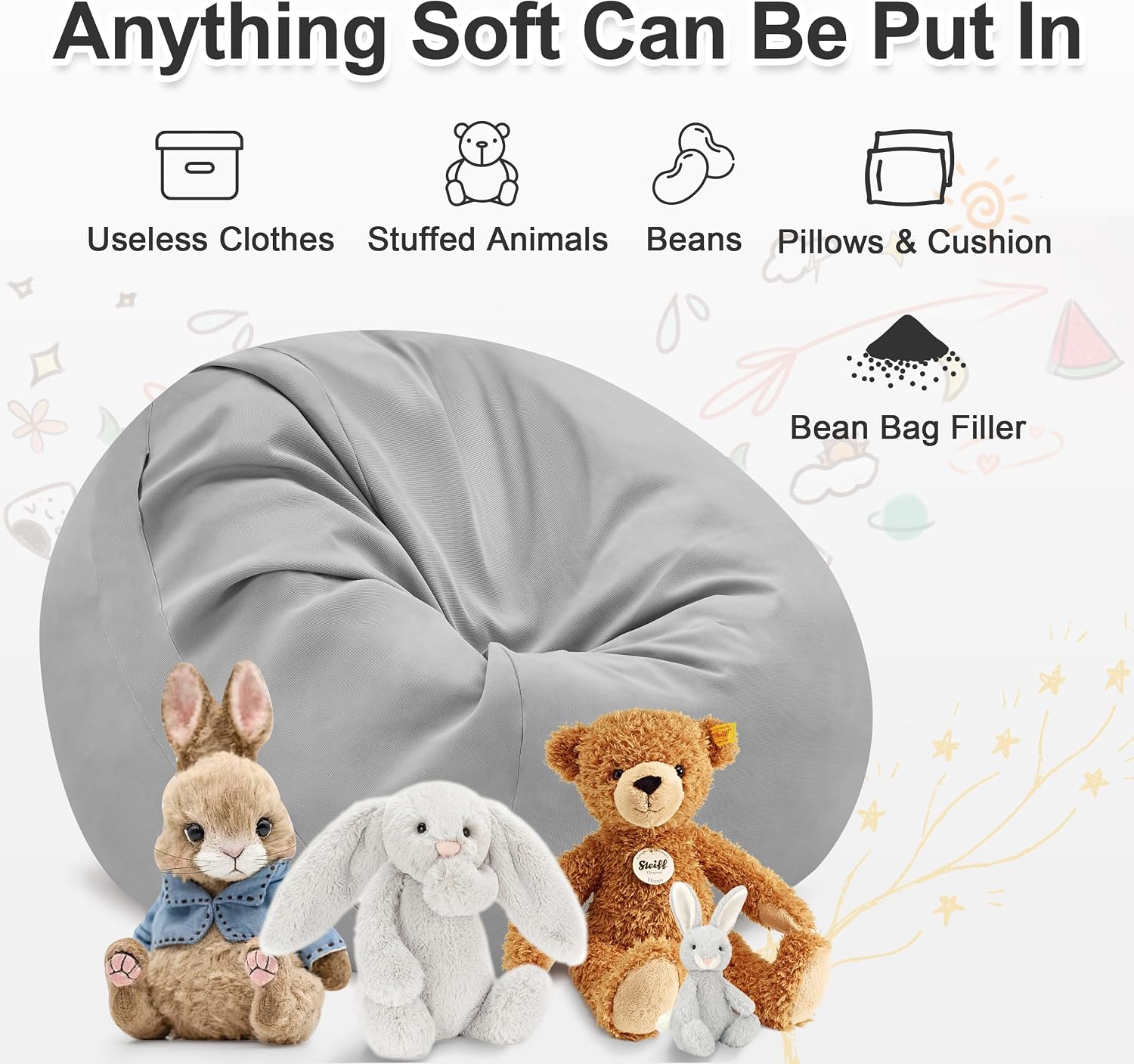 Cooling Bean Bag Cover for Hot Summer (No Filler), Giant Bean Bag Chairs for Stuffed Animals Storage, Large Bean Bag Chair Covers for Adults, Bean Bag Couch Sofa for Toddler/Kids (Grey,4FT)