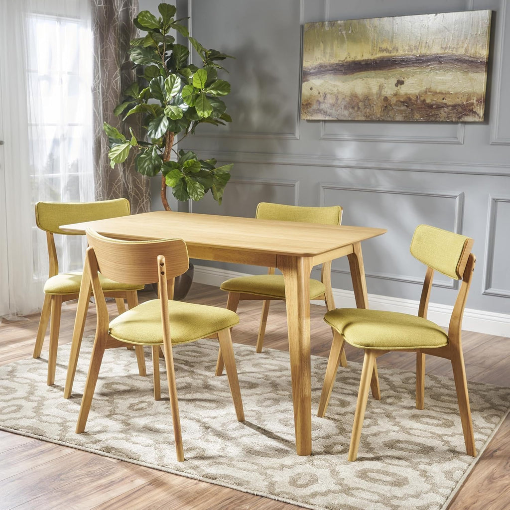 Christopher Knight Home Megann Mid-Century Wood Dining Set with Fabric Chairs, 5-Pcs Set, Natural Oak / Green Tea