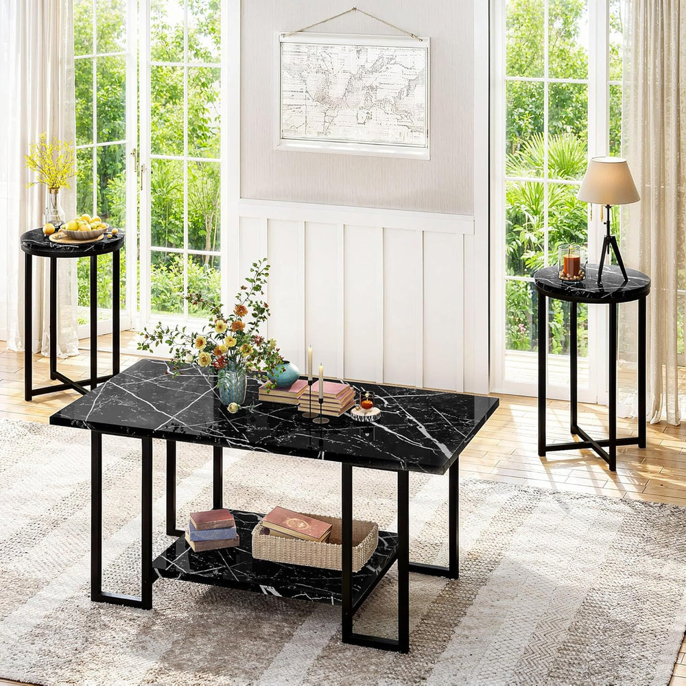 Lamerge 3 Pieces Living Room Table Set, Faux Marble Coffee Table with 2 Round...
