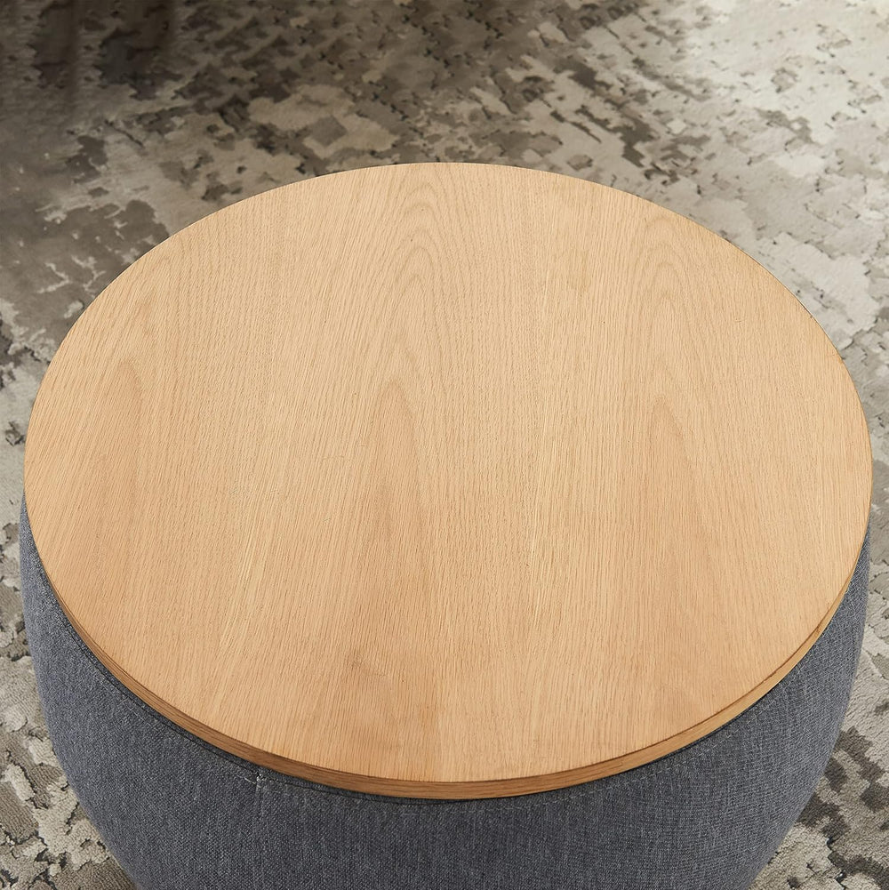 Modern Round Storage Ottoman with Wooden Top,Handmade Luxury Pleated Circle F...