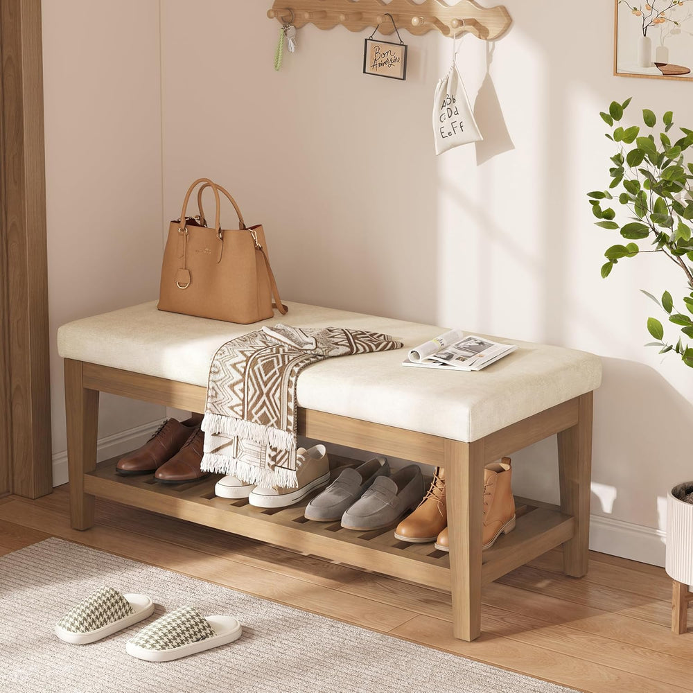 Apicizon 45" Shoe Rack Bench with Cushion, Solid Rubberwood Entryway Ben...