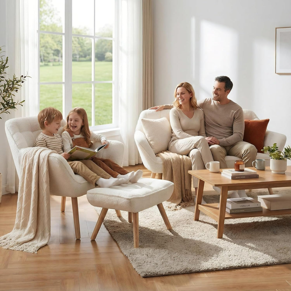 White Sherpa Accent Chair with Ottoman ，Modern Reading Chairs with Ottoman Se...