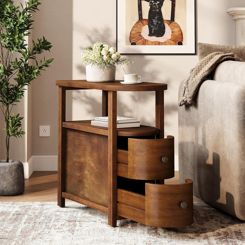 LITTLE TREE Solid Wood End Table with 2 Drawers & Open Shelf, No Assembly...