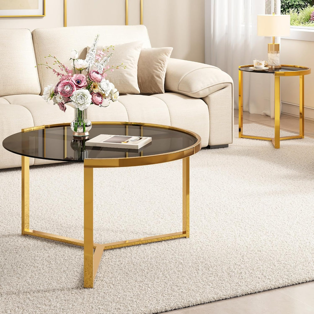 31.5" Gold Round Nesting Coffee Table Set of 2, Modern Tempered Glass Co...