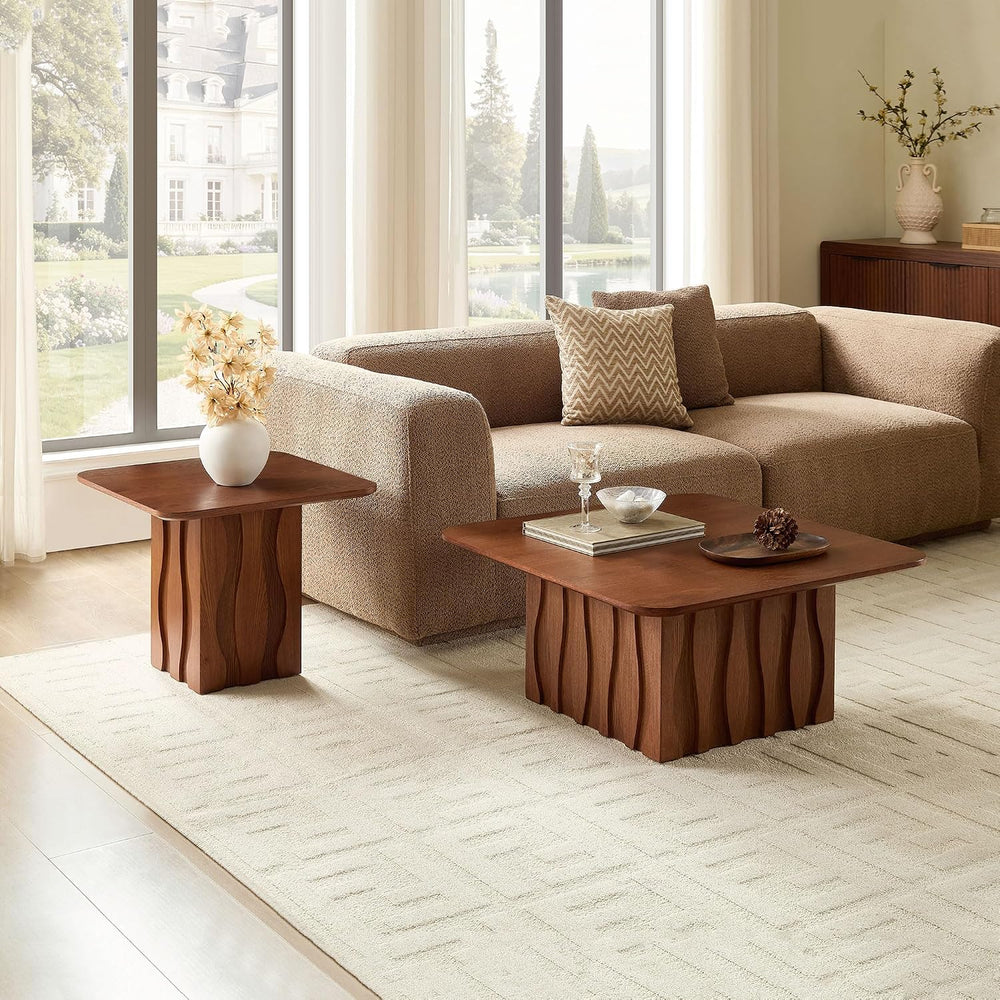 2-Piece Fluted Nesting Coffee Table with Hand-Carved Wavy Base, Mid-Century M...