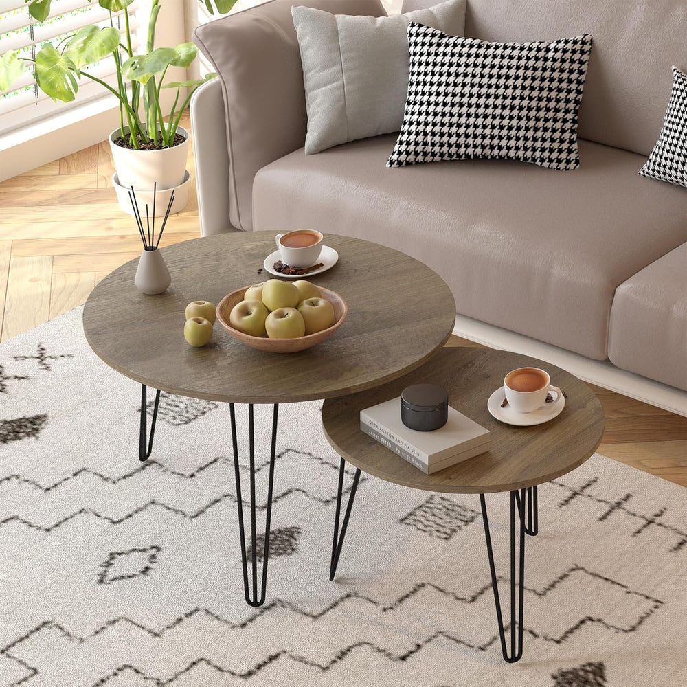 Small Round Nesting Coffee Table Set of 2 for Living Room, 27.56 inch Wood Mo...