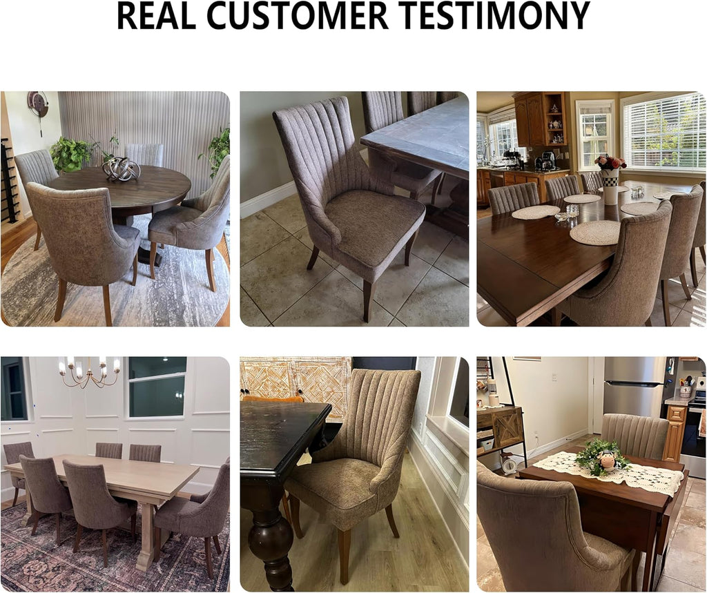 mikibama Linen Brown Dining Chairs Set of 6 Channel Tufted Kitchen Dinner Chair Comfy Fabric Upholstered Accent Chair for Dining Room with Solid Wood Legs