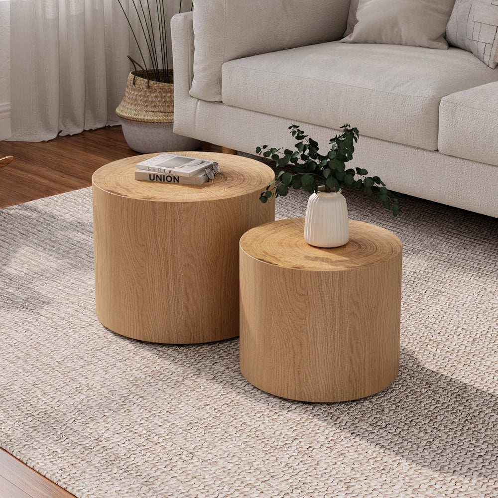 Nesting Coffee Table Set of 2, Modern Round Coffee Table, Wooden Circle Accen...