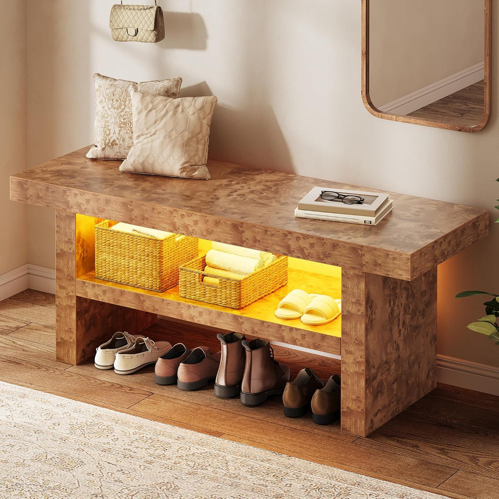 DWVO 39.4" Entryway Bench with Motion-Sensing Warm LED Light, 2-Tier Rus...