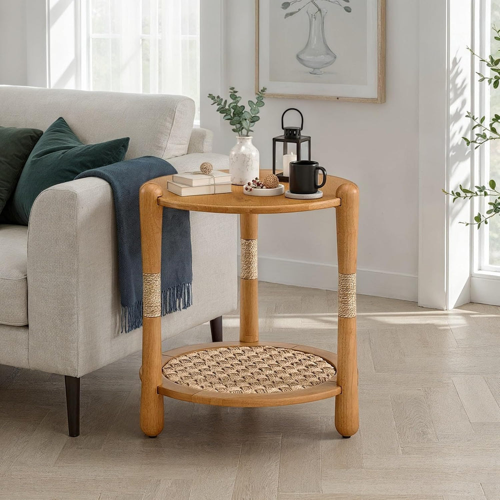Harbor Oak 20" Round Oak Wood End Table with Seagrass Accents and Shelf ...