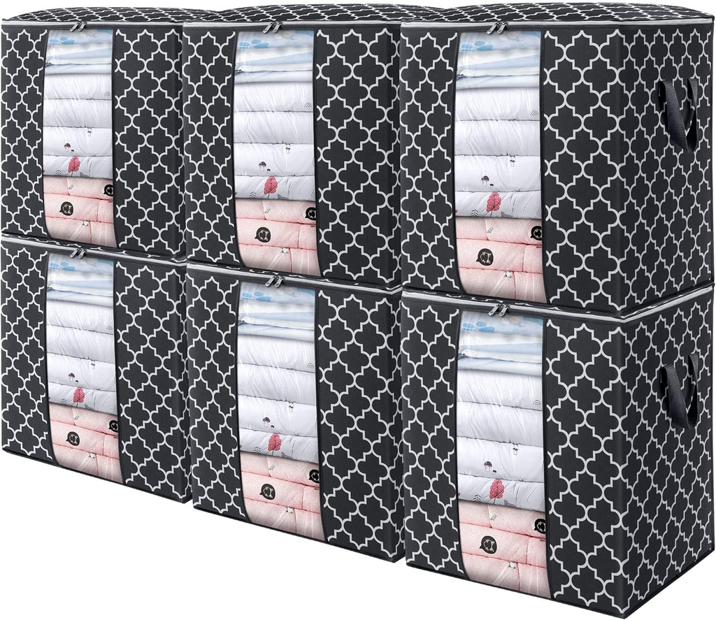 WISELIFE Storage Bags 6 Pack/100L Large Blanket Clothes Organization and Storage Containers for Comforters,Bedding, Foldable Organizer with Reinforced Handle, Clear Window, Sturdy Zippers,Black