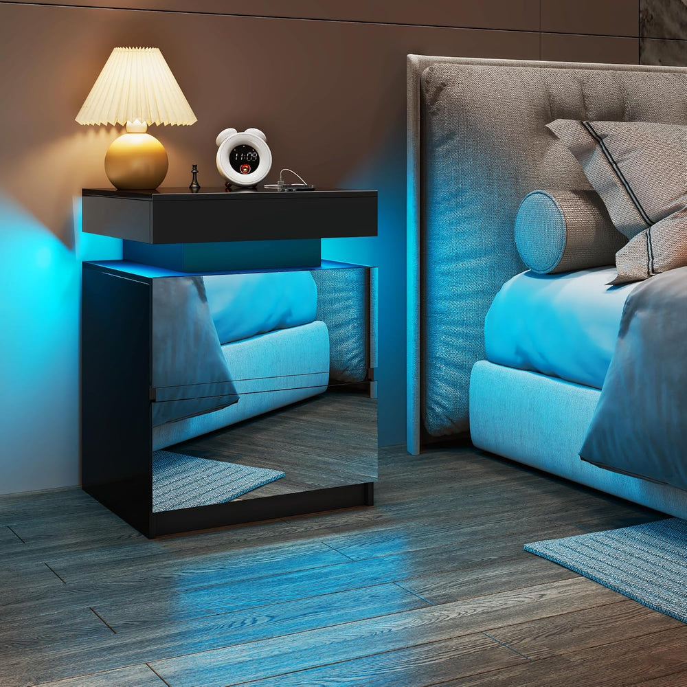 LED Nightstand - Bedside Table with Charging Station and 2 Mirrored Drawers S...