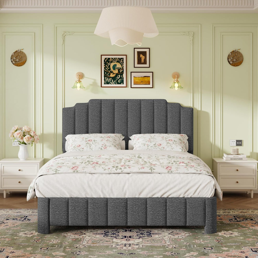 Queen Bed Frame with Adjustable Headboard, Boucle Queen Size Bed Frame