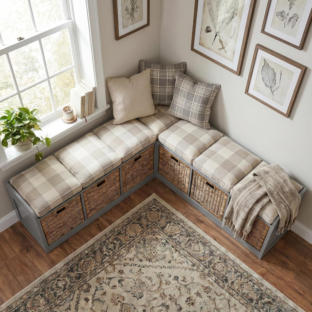 L-Shaped Storage Bench, 63" Corner Entryway Window Bench with 6 Strorage...