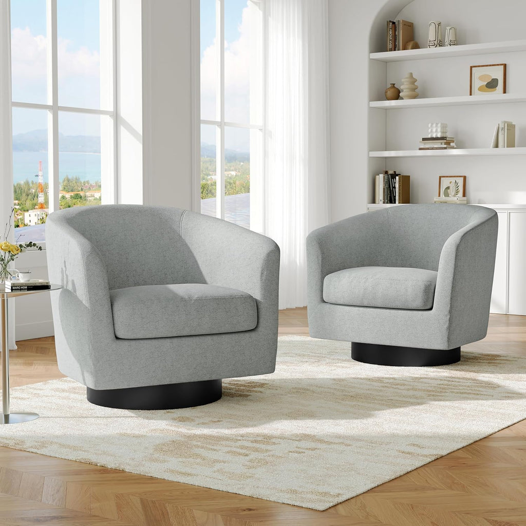Swivel Barrel Accent Chair, Comfy Reading Armchair, Light Gray, Set of 1 | Low-Back Design | 360° Swivel | Solid Wood Frame | High-Density Foam Seat | Modern Round Style | For Living Room & Bedroom