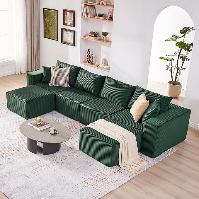 135.4" Cloud Couch Sectional, Modular Sectional Sofa with Deep Seat, Plush Corduroy U Shaped Couch, Convertible Sectional Couches for Living Room, 6Seat, Green