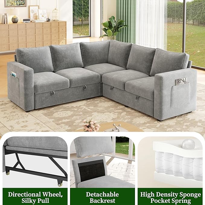 83.5" Sectional Sleeper Sofa with Pull Out Couch, Modern 5 Seat L Shaped Modular Couch, Sectionals Modular Sofa with Storage, Comfy Sectional Couches for Living Room & Apartment, Light Gray