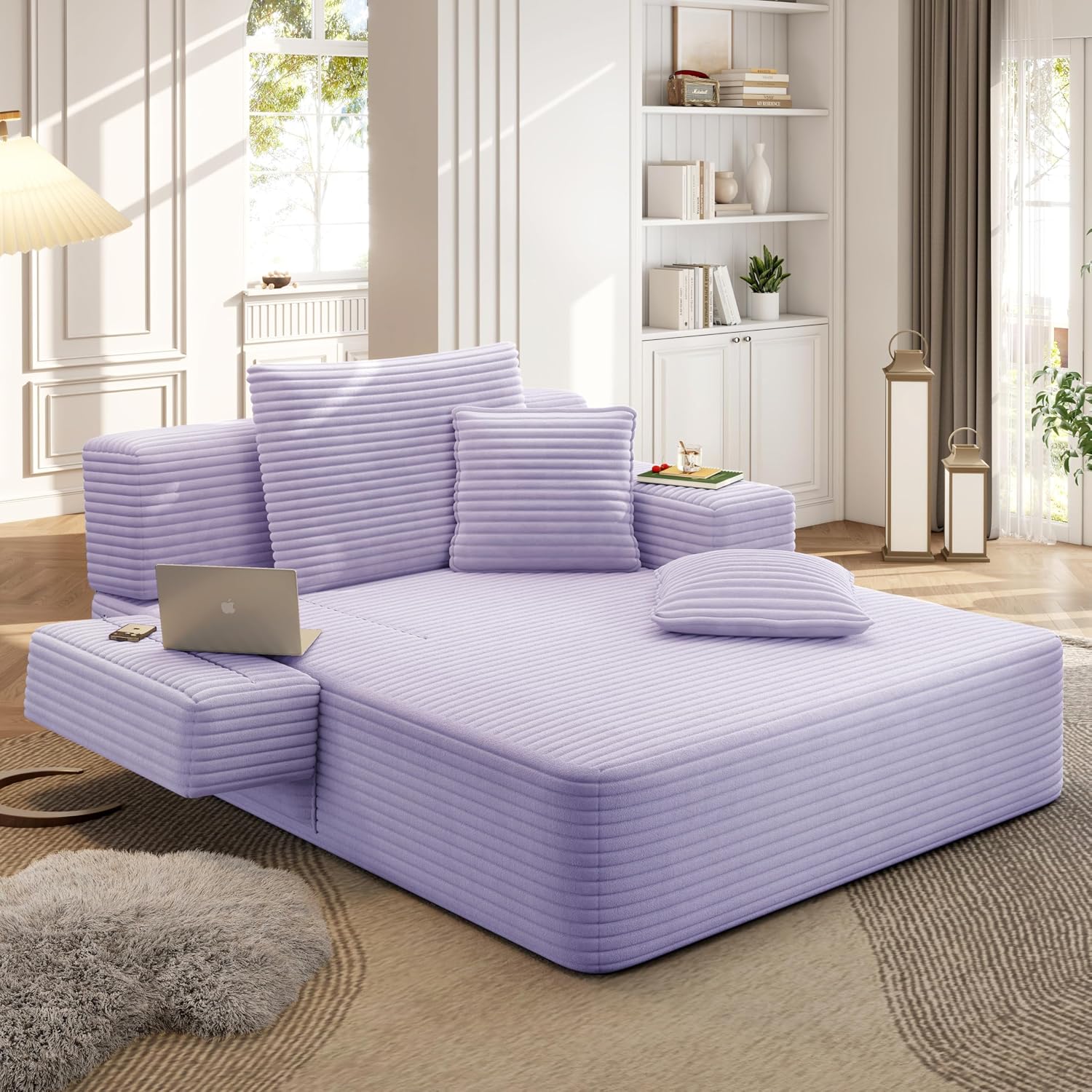 48.5" Boneless Chaise Lounge Chair Sofa Bed Indoor with Zip-Down Convertible Armrests & Backrest, Oversized Cloud Upholstered Compression Sleeper Couch Reading Chairs w/Side Pockets
