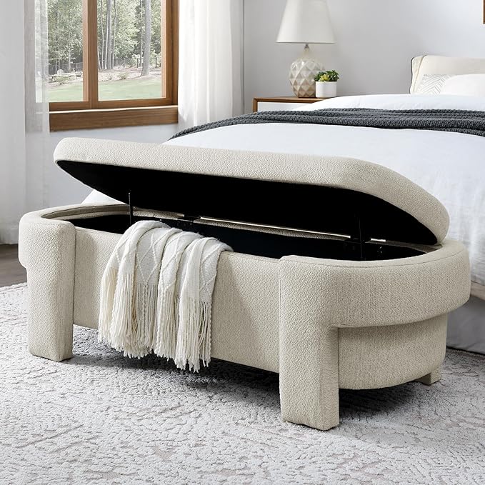 Oval Storage Bench,Upholstered Ottoman with Hinges,Easy to Install,for Living Room,Entryway,Bedroom,Beige