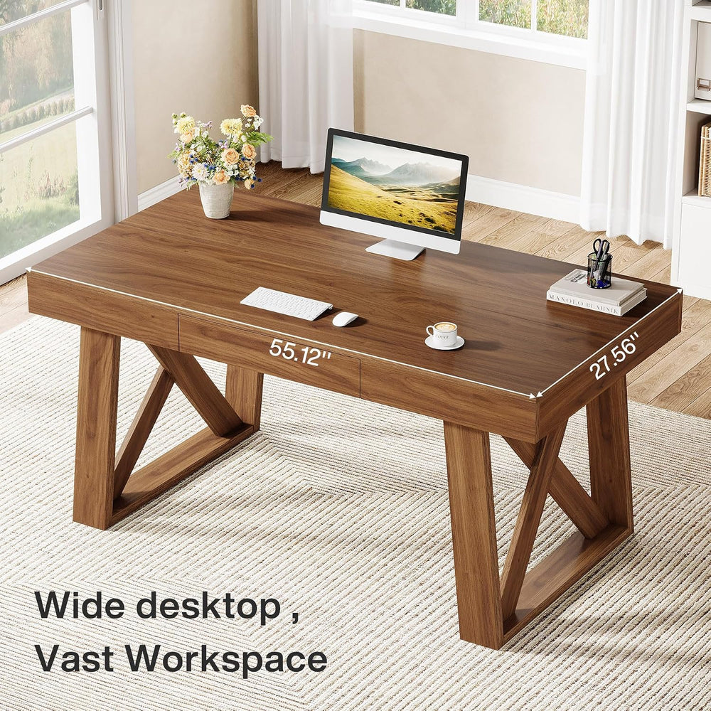 Tribesigns 55-inch Computer Desk with Drawer, Retro Walnut Big Home Office De...