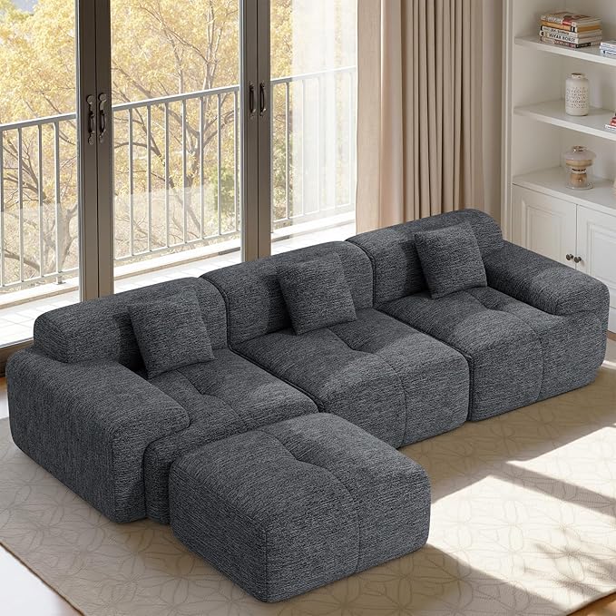 122" L Shaped Convertible Modular Couch, Cloud Couch Sectional with Ottoman, 4-Seater Chenille Boneless Couches for Living Room, Apartment, No Assembly, Grey Black 1PCS