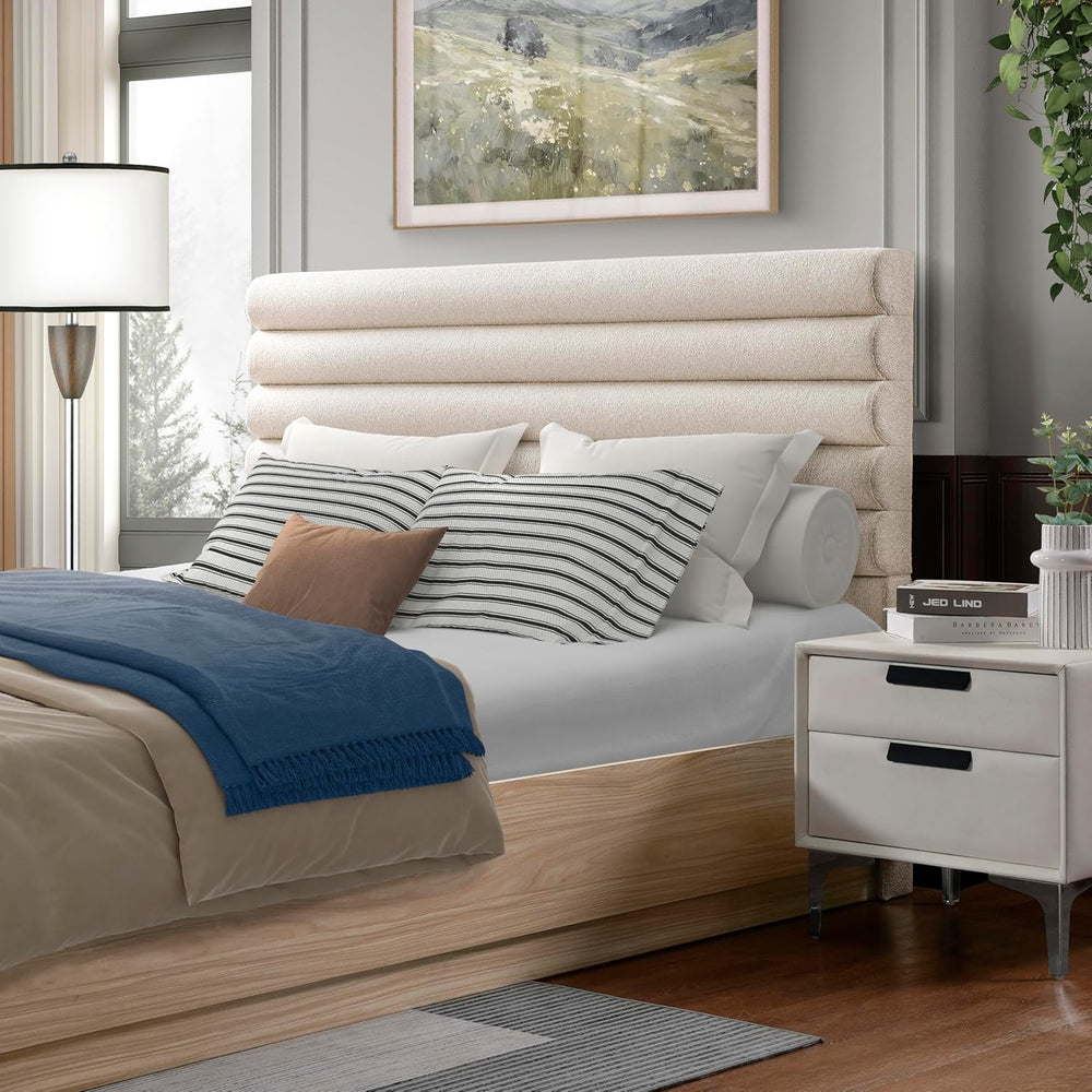 800LBS Silent Slats Queen Bed Frame – Boucle Upholstered Headboard, Taupe, So...