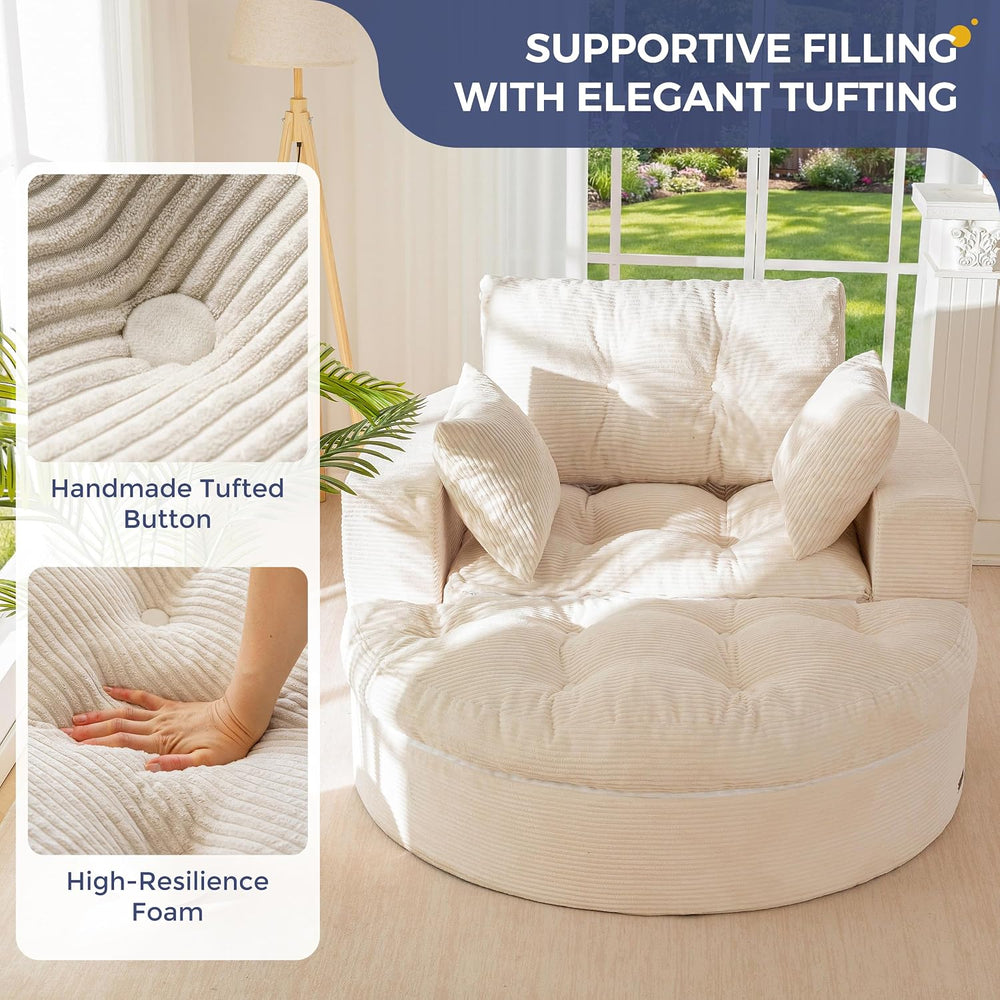 MAXYOYO Oversized Round Chaise Lounge Sofa, Floor Chair with Ottoman | Beige ...