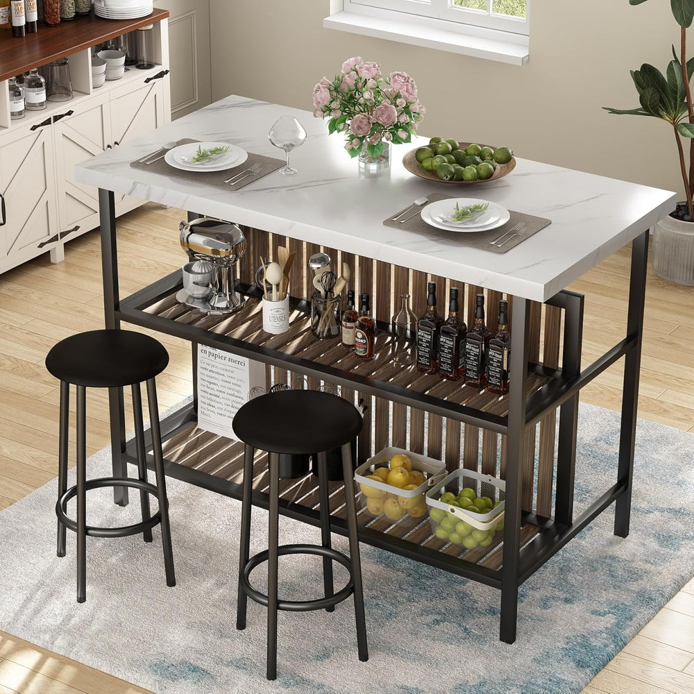 Recaceik 3 Piece Pub Set, Rectangular 2 Bar Stools, Faux Marble Dining Room S...