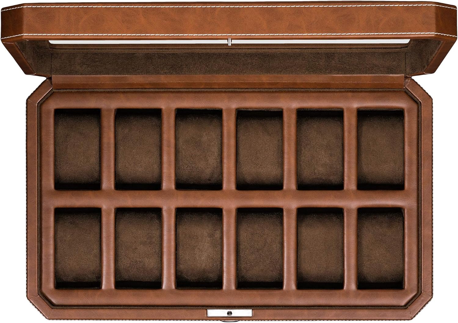 ROTHWELL 12 Slot Leather Watch Box - Luxury Watch Case Display Organizer, Microsuede Liner, Locking Mens Jewelry Watches Holder, Men's Storage Boxes Holder Large Glass Top (Tan/Brown)