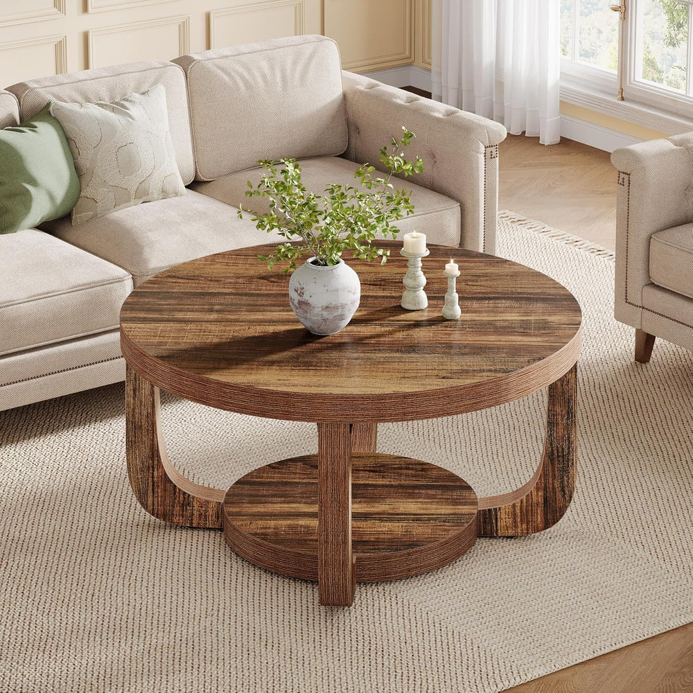 Tribesigns Round Coffee Table, 2-Tier Circle Coffee Table with Storage, Moder...