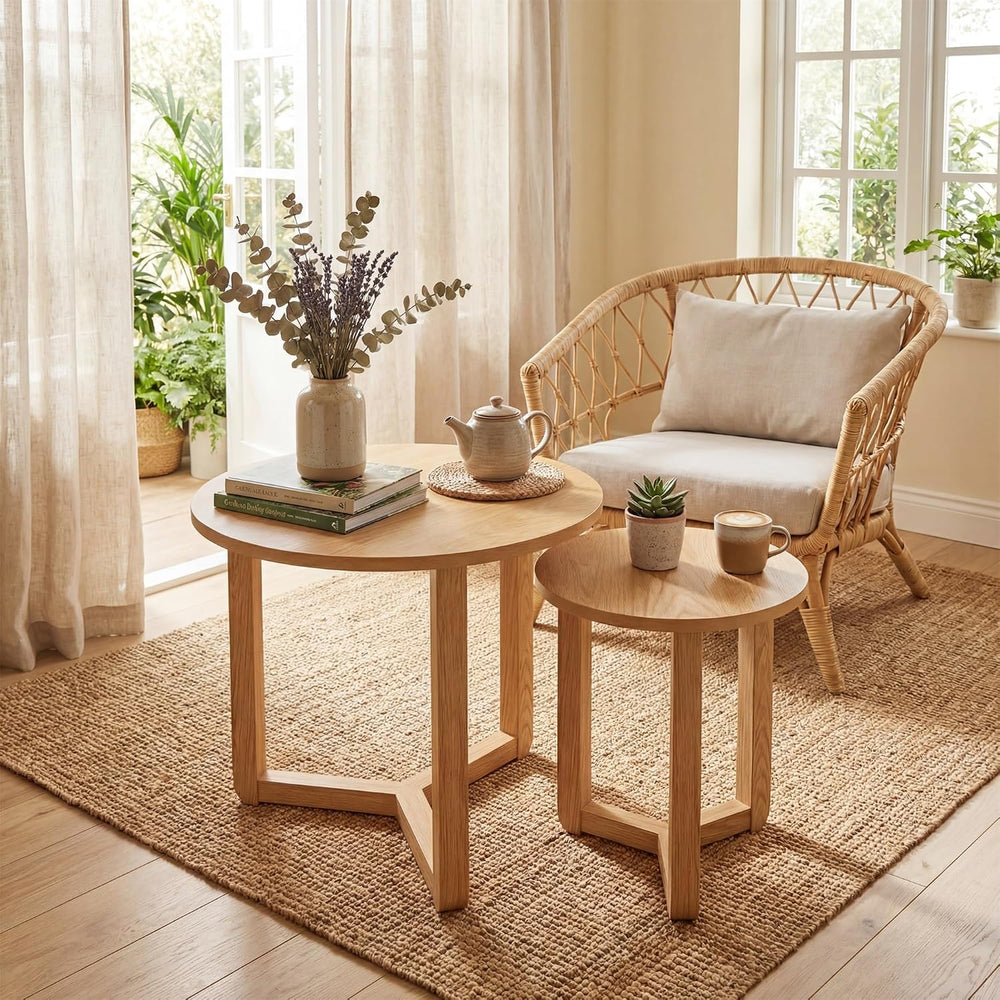 Tangkula Round Nesting Coffee Table Set of 2, Farmhouse End Tables with Solid...