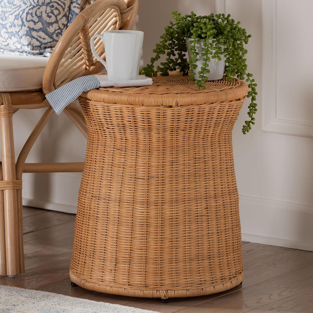 Bali & pari Caroline Round Natural Rattan End Table – Handwoven Wicker Dr...