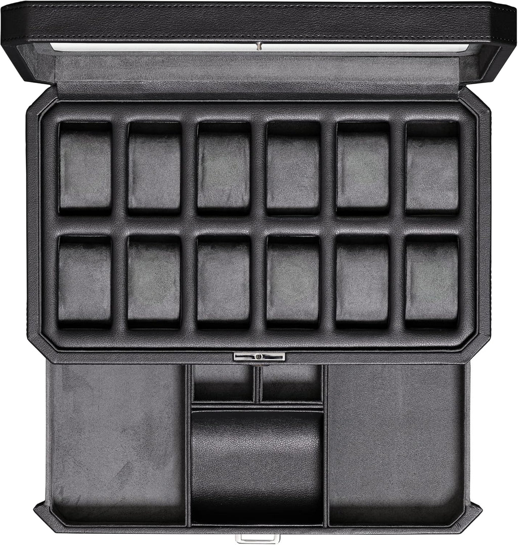 ROTHWELL 12 Slot Leather Watch Box with Valet Drawer - Luxury Watch and Jewelry Case Display Organizer, Microsuede liner, Mens Locking Storage Holder Large Glass Top (Black/Grey)