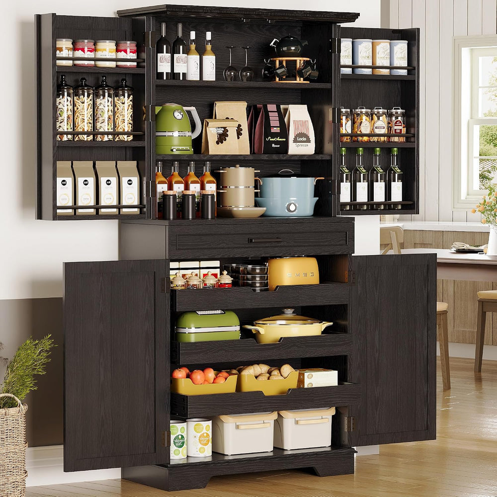 IRONCK 72" Farmhouse Kitchen Pantry Cabinet with Sliding Storage Rack,Bl...