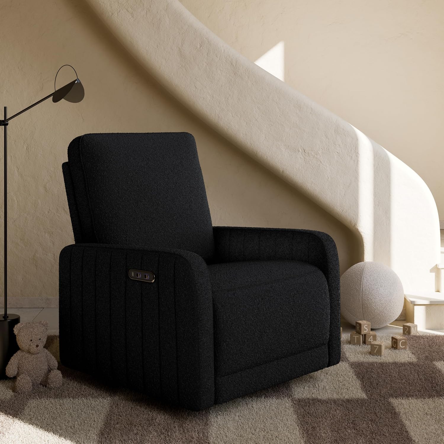 Storkcraft Kyoto Extra-Wide Power Recliner Swivel Glider, Black Boucle | Premium Electronic Nursery Wide Glider Rocking Chair, OEKO-TEX 100 Certified, Includes Dual-USB Charging Port