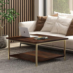 SIMPLIHOME Skyler SOLID MANGO WOOD and Metal 34 inch Wide Square Industrial Coffee Table in Dark Brown / Gold for the Living Room and Family Room