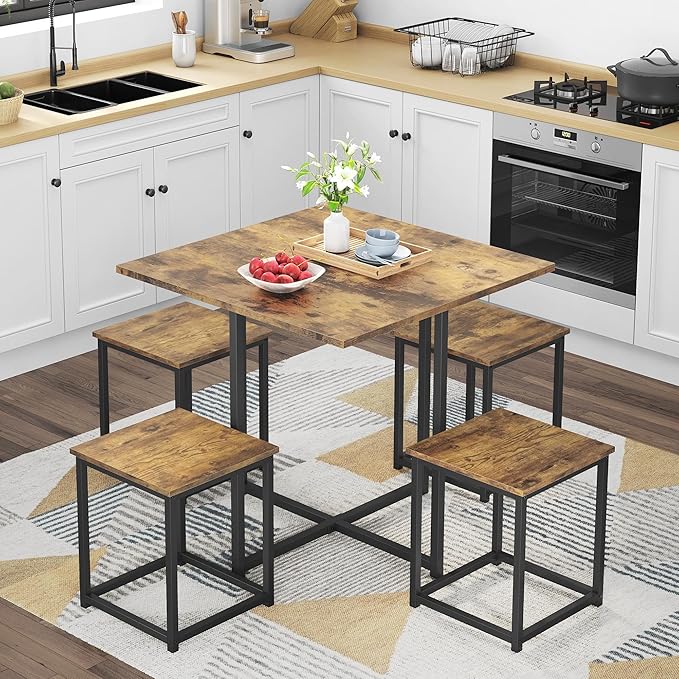 Yaheetech Industrial Dining Table Set for 4 Compact Kitchen Table and 4 Stools Space Saving Home Furniture for Small Space, Rustic Brown