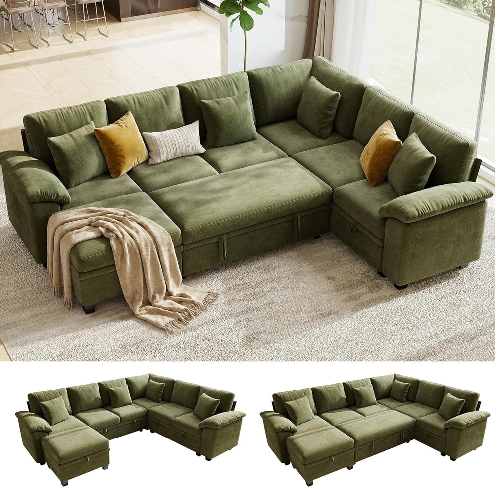 107.8" Modular Sectional Sleeper Sofa with Pull Out Bed, U Shaped 7 Seat...