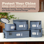 Hard Shell China Storage Containers 5-Piece Set Moving Boxes for Dinnerware, Glasses, Plates, Mugs and Saucers Sturdy Dish Organizer with Dividers for Seasonal Storage - Service for 12 - Denim Blue